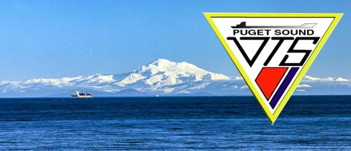 Sector Puget Sound VTS Logo overlayed onto photo of Mt Baker and ships on water